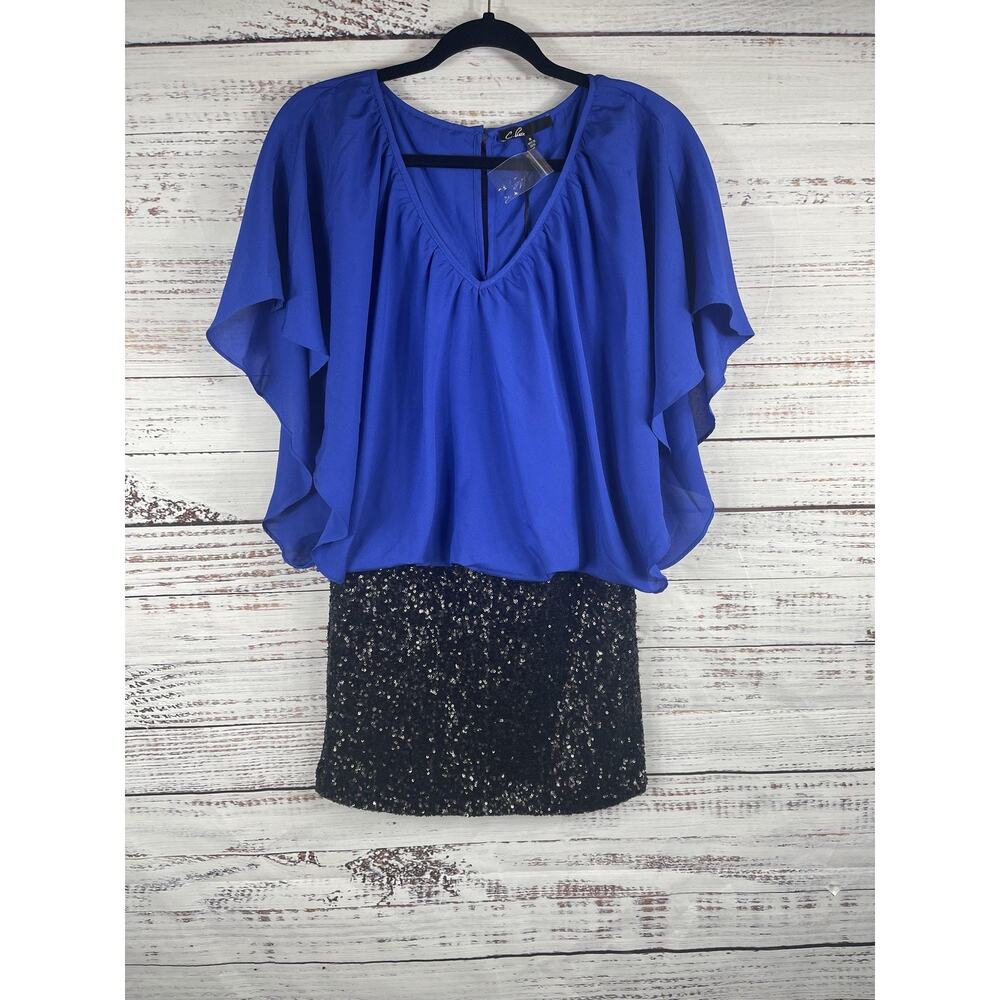 C Luce Dress Women's Size S Blue Black Sequin Mini Batwing Sleeve Party Cocktail